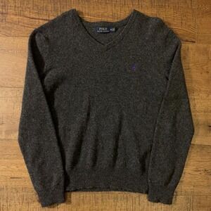 Polo Ralph Lauren Sweater Womens M Grey Academia Lambs Wool V-Neck Knit